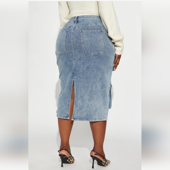 🔥New W/Tags! Cargo S T R E T C H fit Denim Midi Skirt In Medium Wash, Y2K, Sz L - Picture 6 of 8